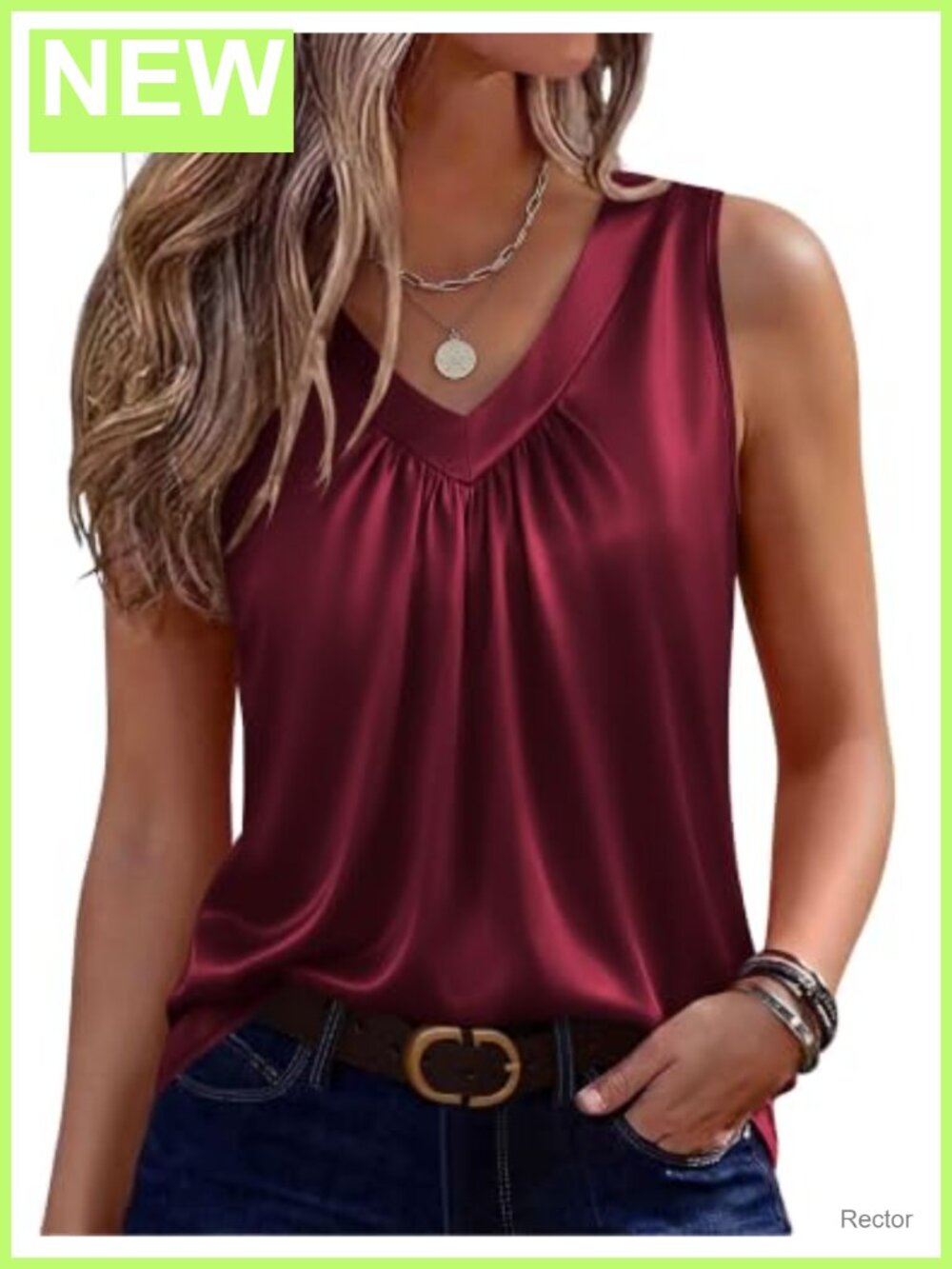Satin Pleated V Neck Sleeveless Tank Top Blouse